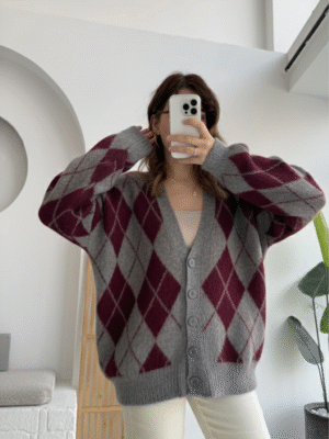 baklava oversize cardigan burgundy & gray