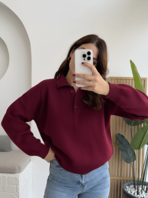 polo collar basic buttoned sweat navy blue