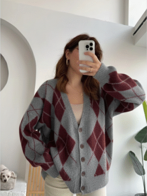 baklava oversize cardigan burgundy & gray