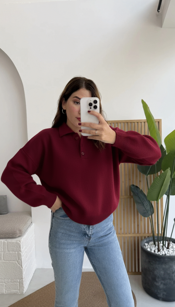 polo collar basic buttoned sweat navy blue