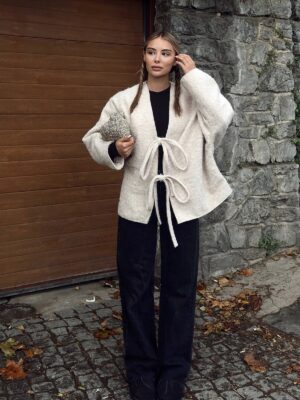 beige oversize tie detailed cashmere jacket