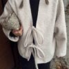 beige oversize tie detailed cashmere jacket