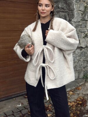 beige oversize tie detailed cashmere jacket