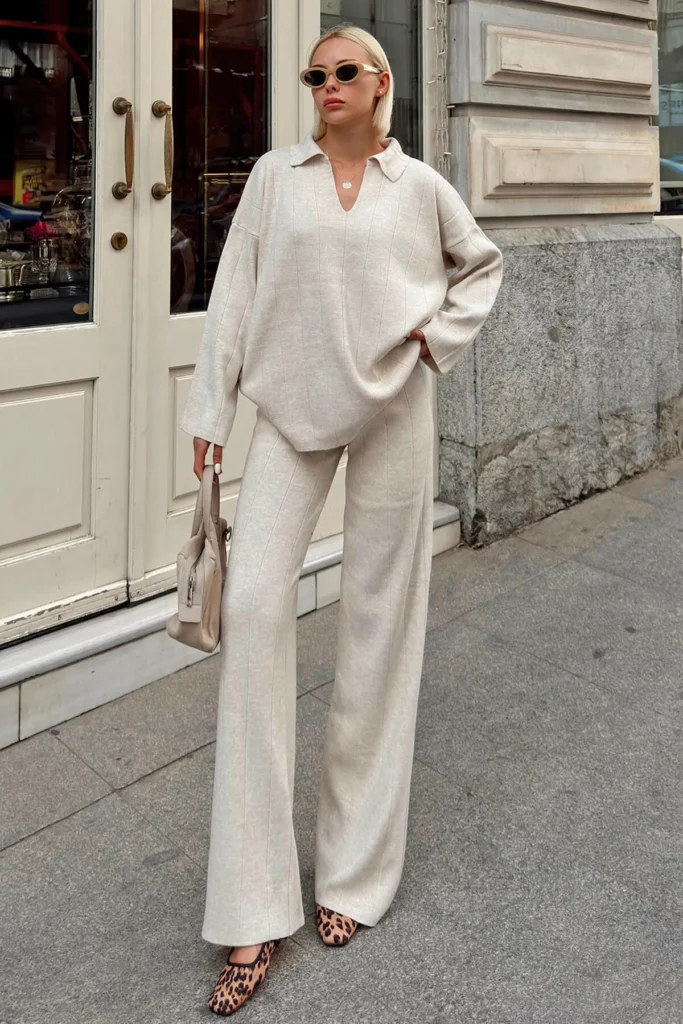 bej pra polo yaka oversize kazak pantolon orgu kadin alt ust takim takim swist 38292 39 b