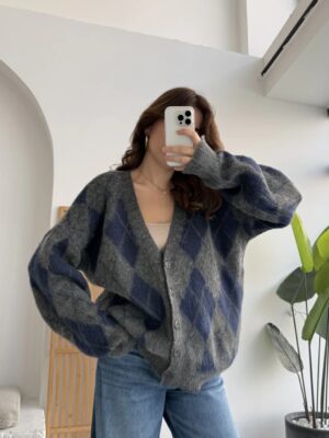 baklava oversize cardigan navy blue & gray