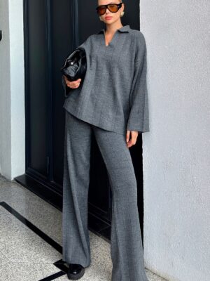 polo collar oversize knitted set gray