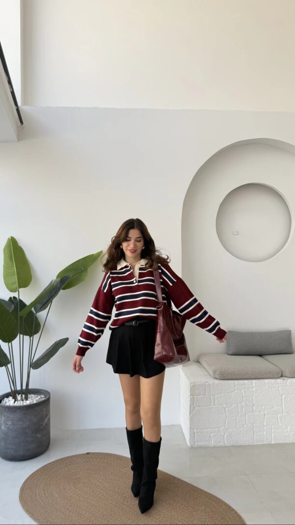 polo collar striped buttoned sweat brown