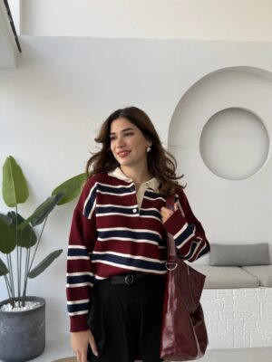 polo collar striped buttoned sweat brown