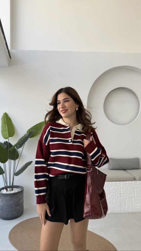 polo collar striped buttoned sweat brown