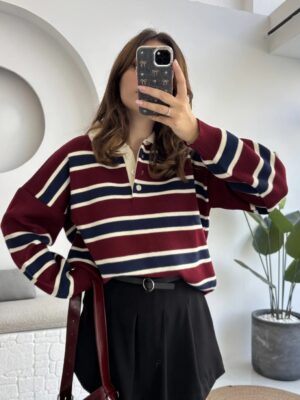 polo collar striped buttoned sweat brown polo collar striped buttoned sweat brown