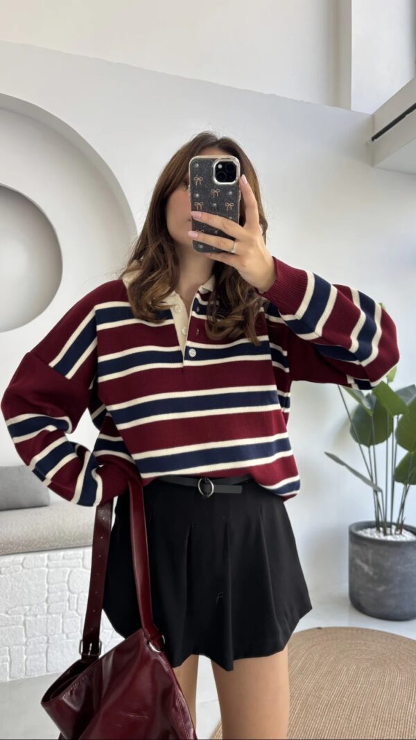 polo collar striped buttoned sweat brown