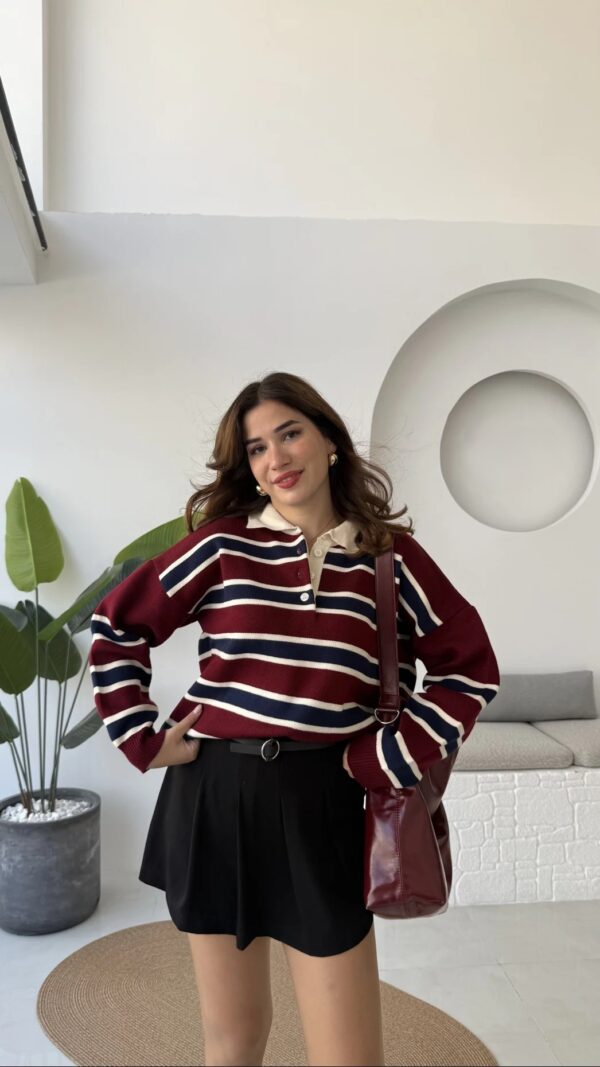 polo collar striped buttoned sweat brown