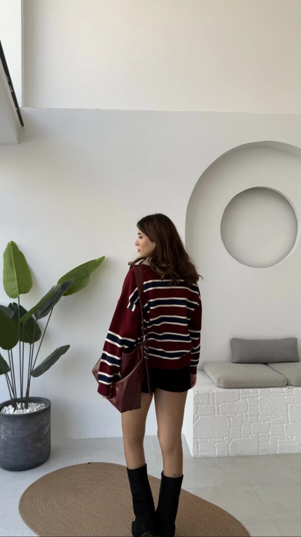 polo collar striped buttoned sweat brown