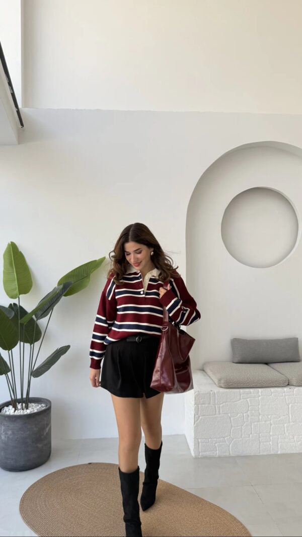 polo collar striped buttoned sweat brown