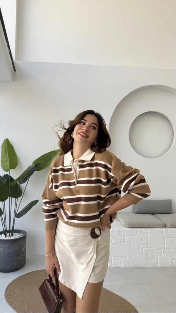 polo collar striped buttoned sweat brown