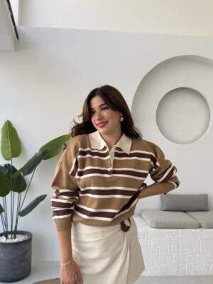 polo collar striped buttoned sweat brown