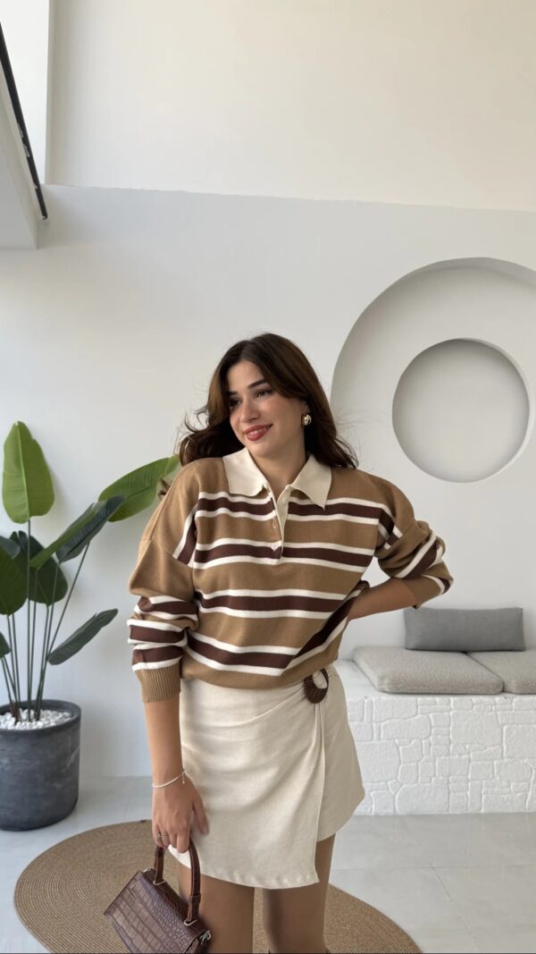 polo collar striped buttoned sweat brown