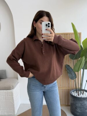 polo collar basic buttoned sweat navy blue