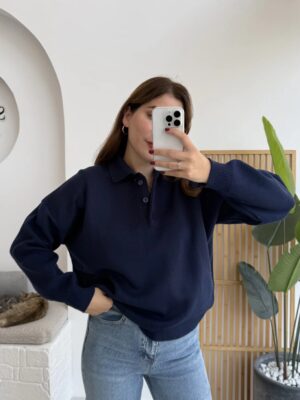 polo collar basic buttoned sweat navy blue