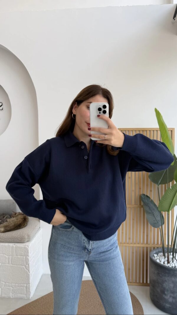 polo collar basic buttoned sweat navy blue