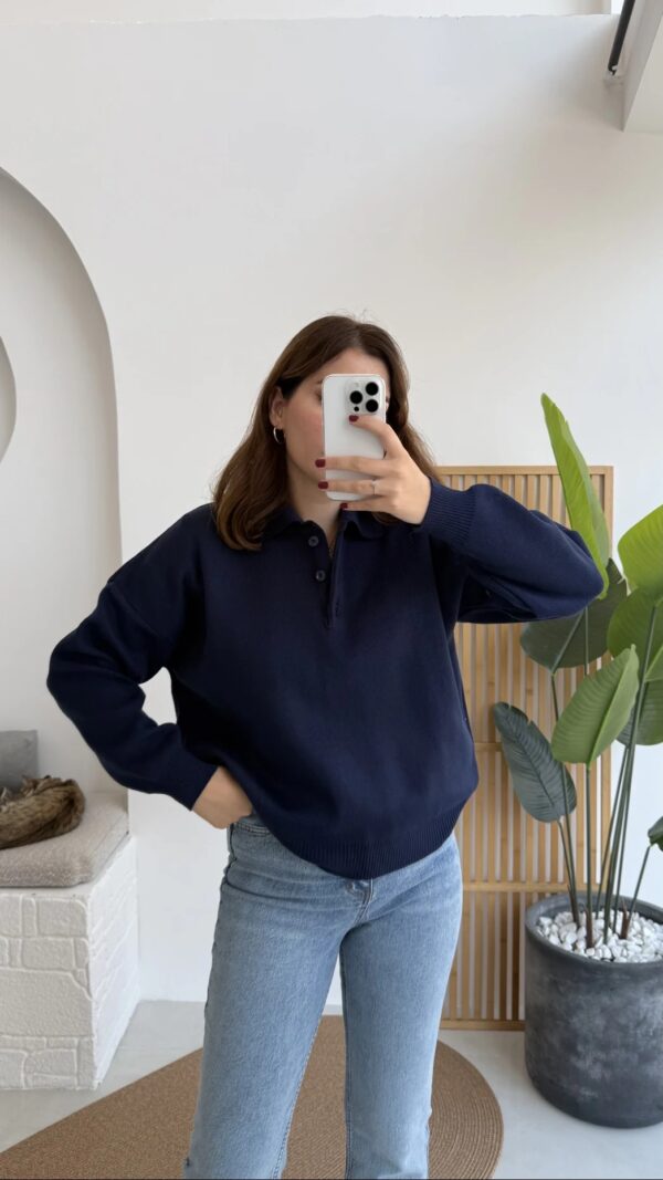 polo collar basic buttoned sweat navy blue