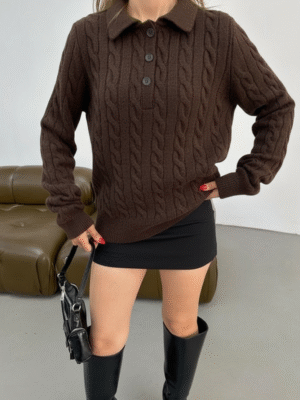 braid polo collar sweater dark brown