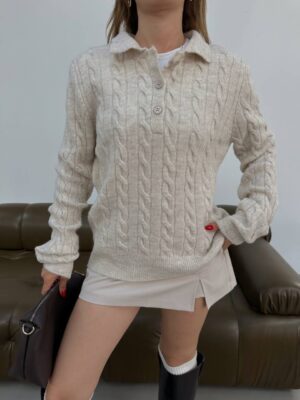 braid polo collar sweater cream beige
