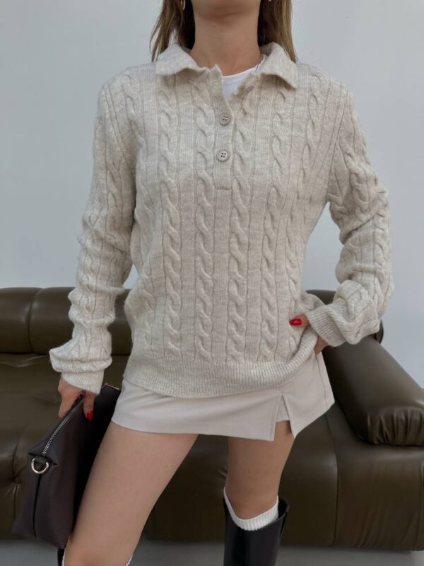 braid polo collar sweater cream beige