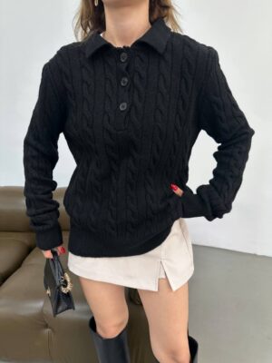 braid polo collar sweater cream beige