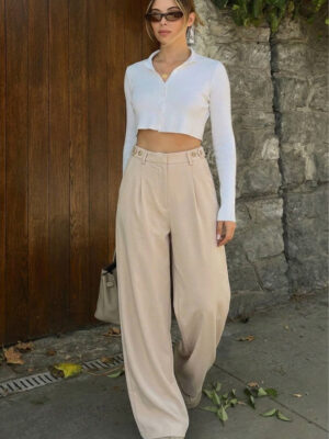 Side Buttoned Palazzo Pants - Beige