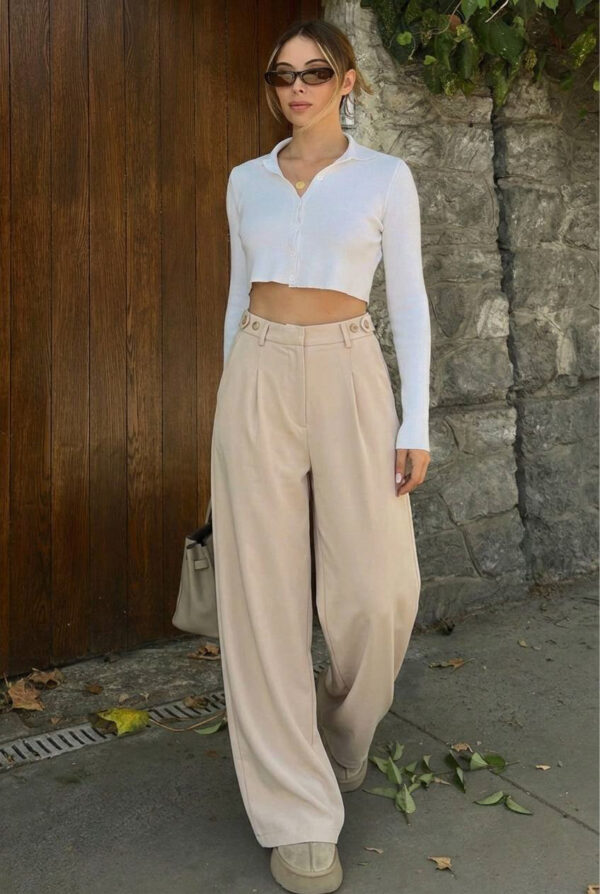 Side Buttoned Palazzo Pants - Beige