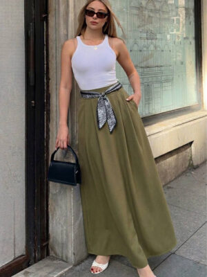 32B59180-A02A-4C11-8EC5-F08CC5BCA111 Pleated Skirt with Scarf - Khaki Green