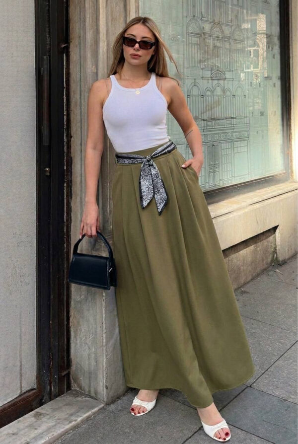 Pleated Skirt with Scarf - Khaki Green