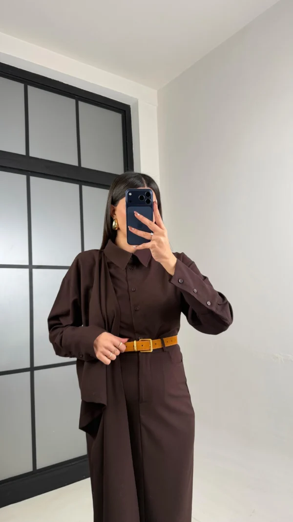 Shirt and Skirt Set with Shawl Detail on the Collar - Brown