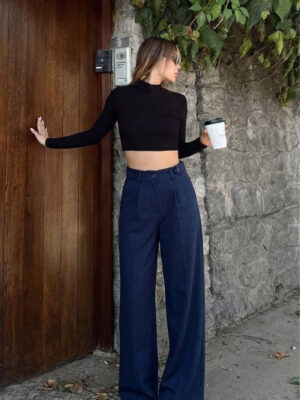 Side Buttoned Palazzo Pants - Navy Blue
