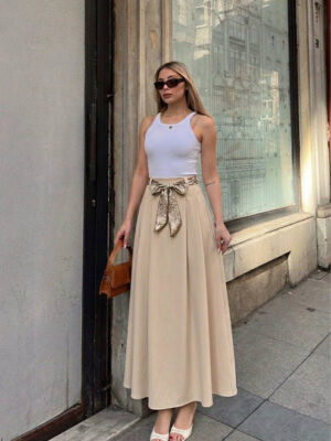 Pleated Skirt with Scarf - Beige