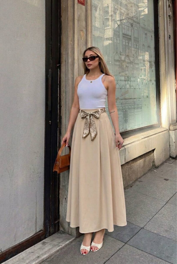 Pleated Skirt with Scarf - Beige