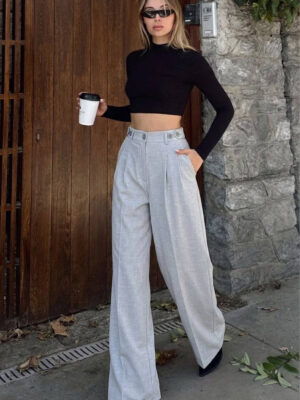 Side Buttoned Palazzo Pants - Light Gray