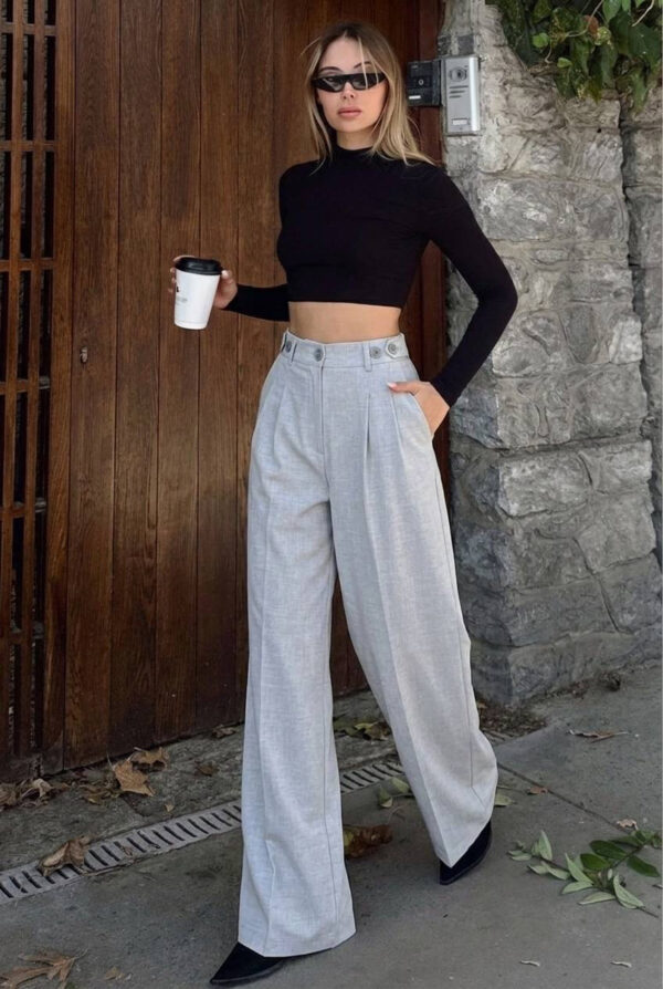 Side Buttoned Palazzo Pants - Light Gray
