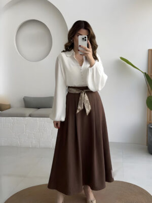 Pleated Skirt with Scarf - Brown