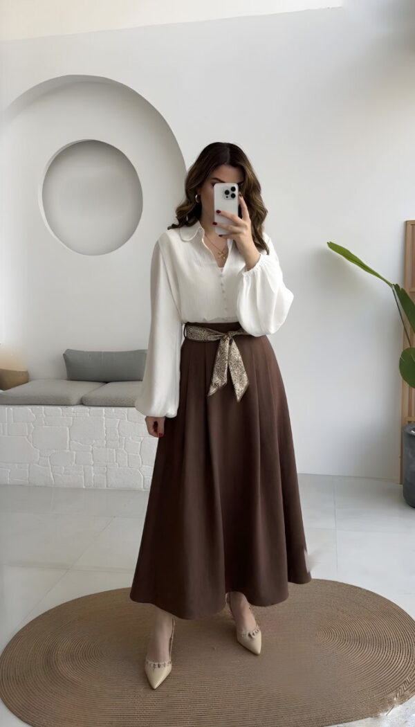 Pleated Skirt with Scarf - Brown
