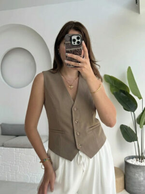 Buttoned Basic Vest - Brownish Khaki