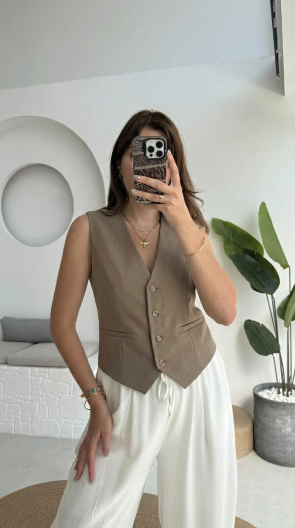 Buttoned Basic Vest - Brownish Khaki