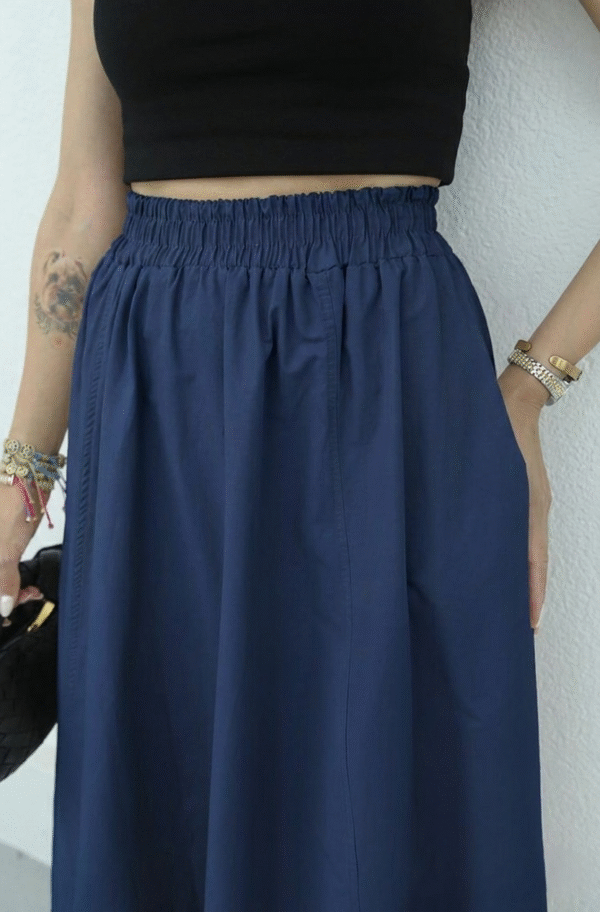 Poplin Skirt with Elastic Waist - Navy Blue