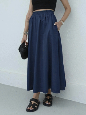 Poplin Skirt with Elastic Waist - Navy Blue