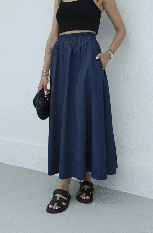 Poplin Skirt with Elastic Waist - Navy Blue