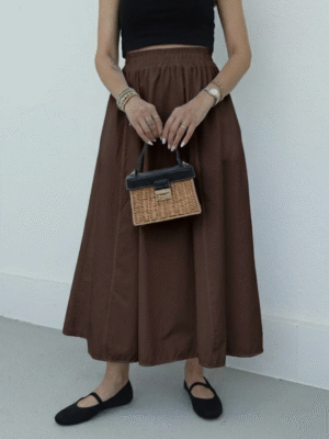 Poplin Skirt with Elastic Waist - Brown