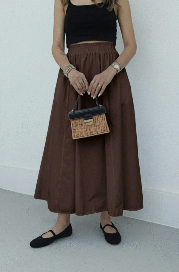 Poplin Skirt with Elastic Waist - Brown