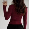 Basic High-Neck Thumbhole Blouse - Burgundy