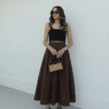 Poplin Skirt with Elastic Waist - Brown